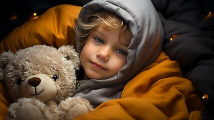 A young child with a serene expression lies snuggled in warm blankets, holding a plush teddy bear, capturing a cozy and comforting moment ideal for parenting, sleep aid, childhood innocence