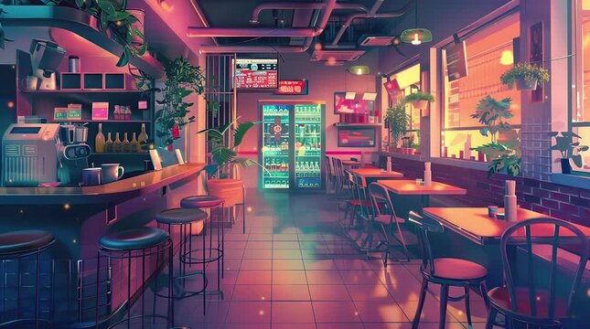 Warm and inviting interior of a caf&eacute; with soft glowing lights, creating a cozy and welcoming atmosphere with elegant decor and a rel Seamless looping 4k time-lapse virtual video animation Generated AI