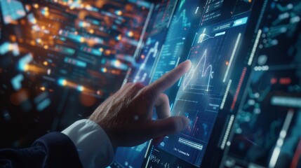 A close-up of a hand interacting with a complex digital data display screen, emphasizing advanced technology and real-time information.