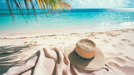 A cozy beach scene with a wide-brimmed straw hat and a beige blanket on the sand, under the shade of palm leaves, with the serene, turquoise ocean in the background.