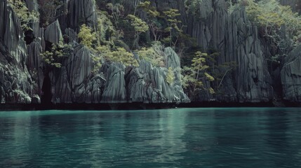 Jagged limestone cliffs covered in dense foliage rise from tranquil blue-green waters, illustrating dramatic natural landscapes.