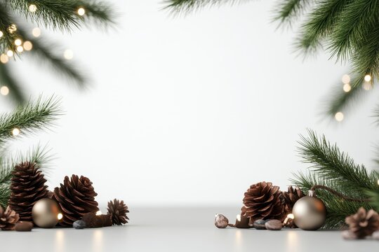 Christmas holiday background with pine branches, pinecones, and ornaments creating a festive border on a plain white backdrop.