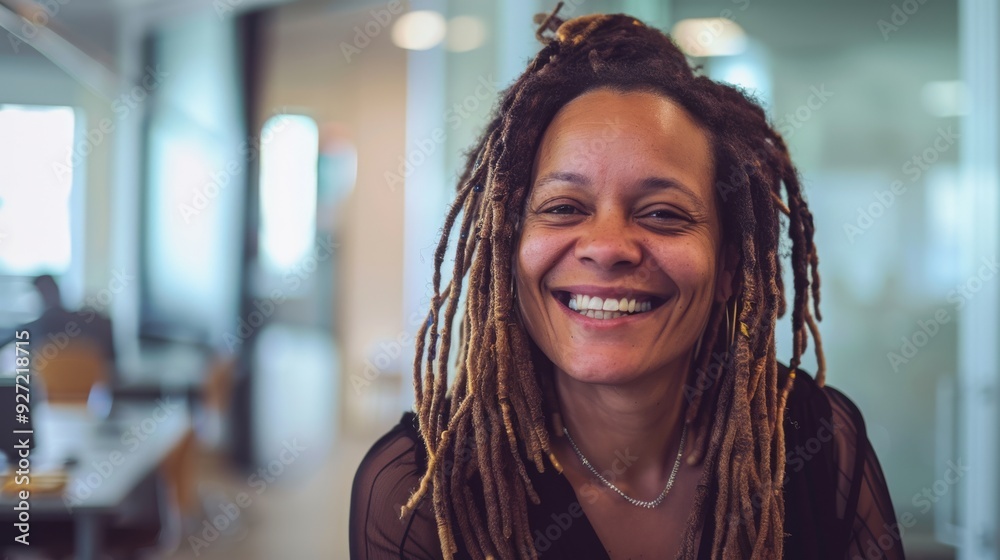 Sticker A cheerful woman with long dreadlocks smiles brightly in an open, modern office space, exuding positivity and warmth.