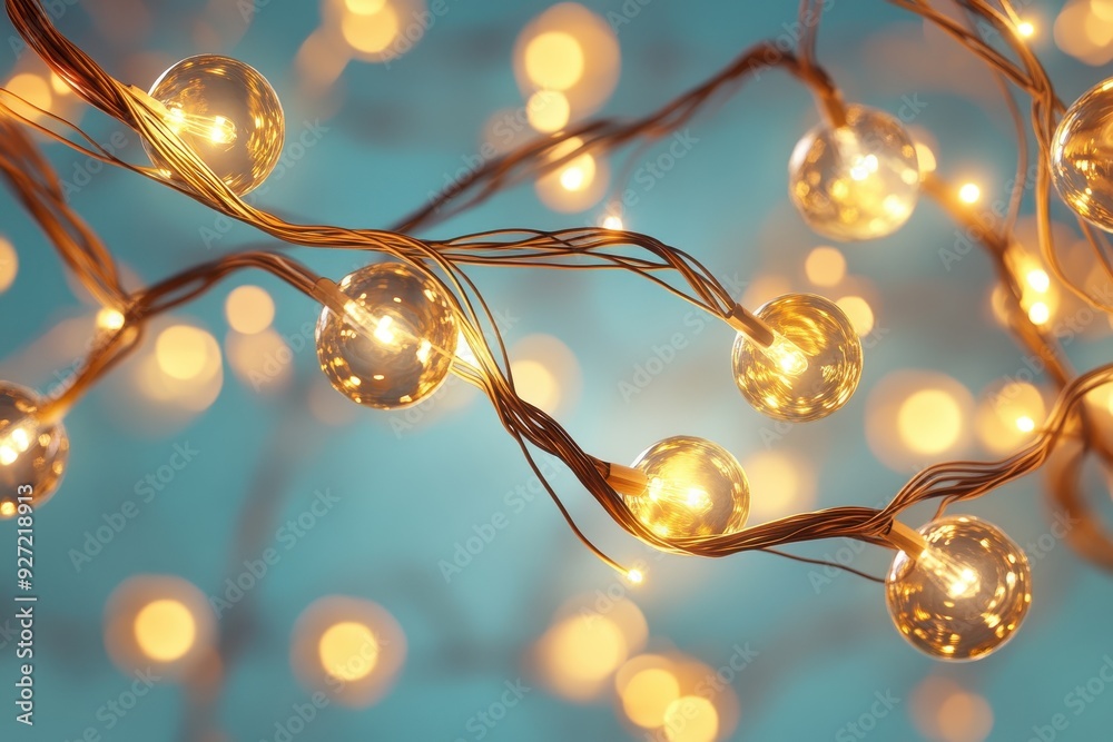 Poster Close-up of warm glowing fairy lights with bokeh effect, creating a magical and festive atmosphere over a blue background.