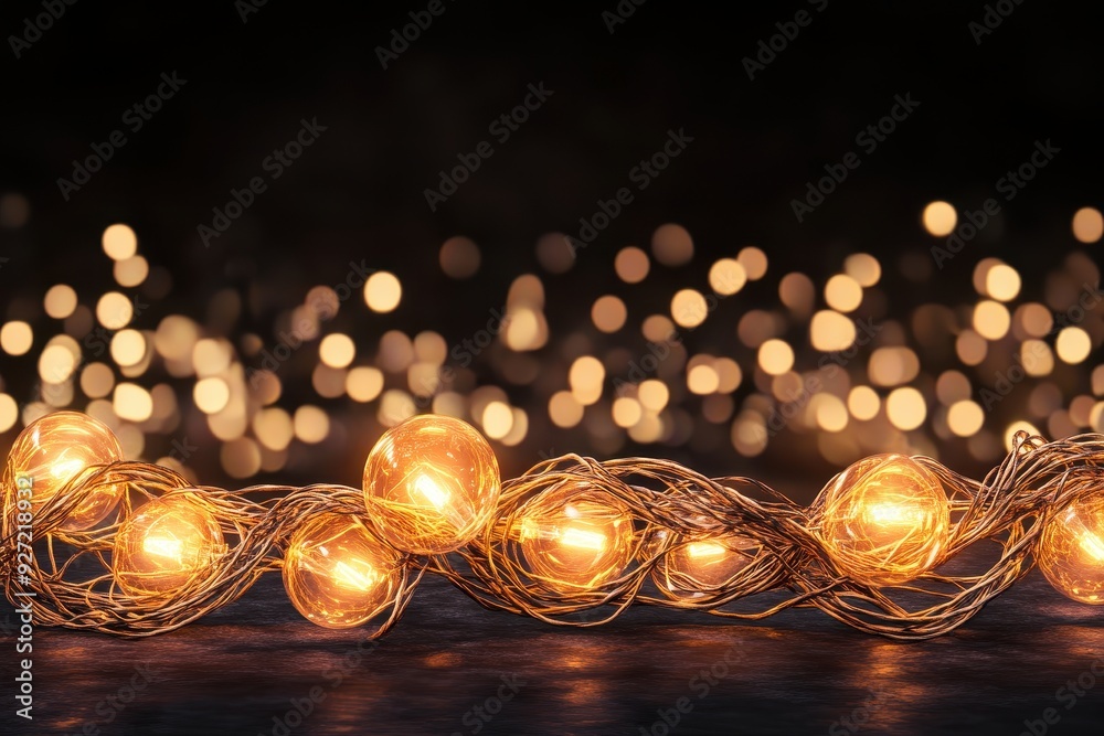 Aufkleber Close-up of warm yellow string lights glowing in the dark, creating a festive and cozy atmosphere with blurred bokeh background.