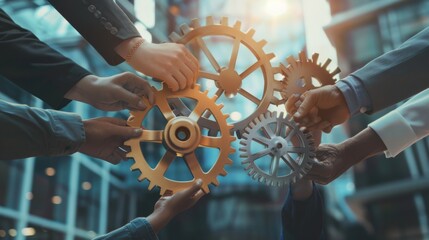 Multiple hands hold interconnected gears, symbolizing teamwork, collaboration, and the intricate coordination of different elements to achieve a common goal.