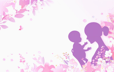 Mother and Child Silhouettes Surrounded by Pink Flowers