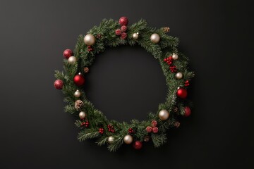 Elegant Christmas wreath adorned with festive ornaments and pinecones, perfect for holiday decoration against a dark background.