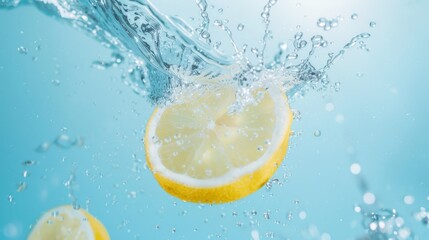 A lemon slice makes a splash in clear, blue-tinted water, with glistening droplets and ripples capturing the zesty freshness in dynamic motion.