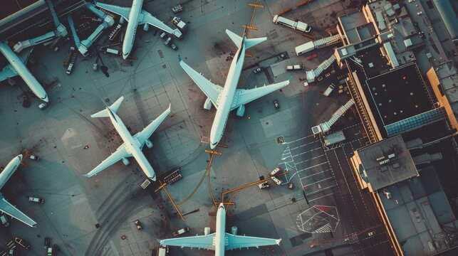 Aerial view of a bustling airport with several airplanes lined up at terminals, showcasing the excitement and complexity of travel.