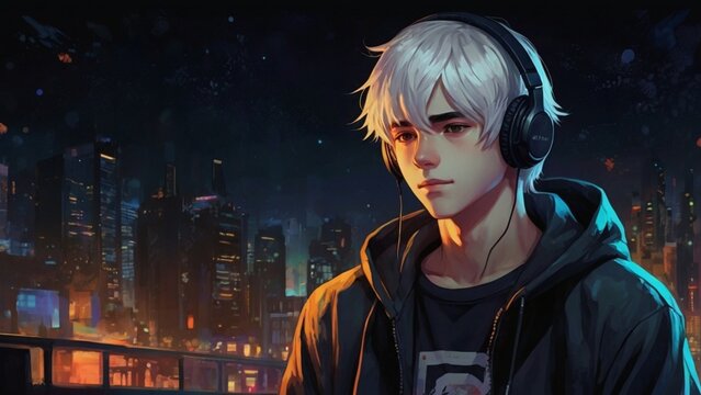 White haired anime guy with headphones, manga style, comic style, illustration, 16:9, video background