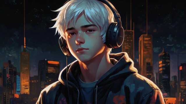 White haired anime guy with headphones, manga style, comic style, illustration, 16:9, video background