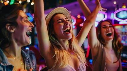 Obraz premium Three ecstatic women cheer with hands raised in the colorful, lively atmosphere of a gaming arcade, their joy and excitement palpable.
