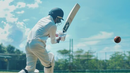 A cricket player in full action, ready to hit the ball, dressed in a white uniform under a bright blue sky.