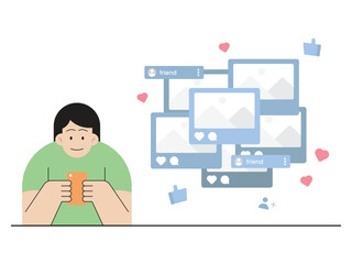 vector illustration of people playing social media, with pop up images and posts
