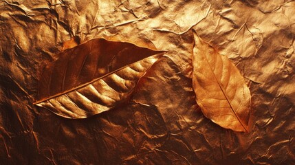 Two golden leaves on a textured background. This image is perfect for adding a touch of luxury and elegance to your designs.