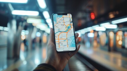 A smartphone with a map application is held up in a brightly-lit subway station, emphasizing navigation and modern urban travel.