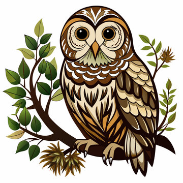 recommend clip art: Barred Owl silhouette vector style with a tree branch on a white background.