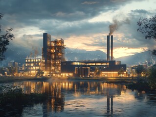 Obraz premium Conceptual rendering of a contemporary factory surrounded by urban development, emphasizing modern industrial design Cityscape Contemporary Factory, Modern industrial urban