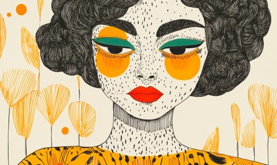 Illustration of a sassy girl, hand drawn, colourful art, drama queen, painted woman, graphic design background, drawing, watercolour, animal print, pink cheeks, art deco, red lips, close up, fashion