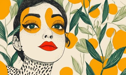 illustration of a mixed race Indian girl, hand drawn, colourful art, Indian queen, painted woman, graphic design background, drawing, watercolour, citrus, art deco, red lips, close up, fashion, 