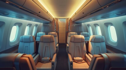 Fototapeta premium A plush, modern airplane cabin bathed in warm ambient light, showcasing luxury seating and spacious legroom.