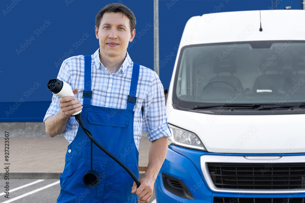 Wall mural man in uniform holds electric vehicle charging plug. electric vans in the background.