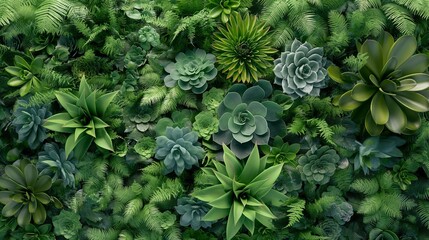 A top view 3D visualization of a lush vertical garden with a variety of green succulents and ferns, intricately arranged for a dense green wall texture.