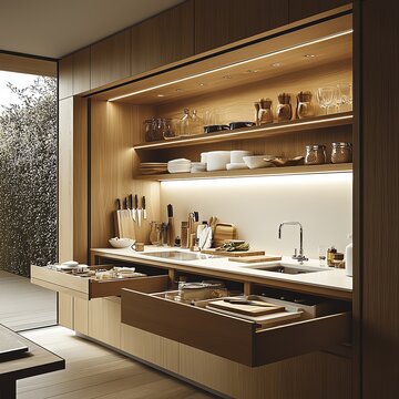 Minimalist kitchen with hidden storage solutions, maintaining a clean, functional workspace Minimalist Functional, Hidden storage kitchen