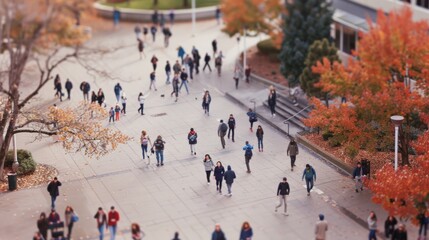 Obraz premium Crowds of people navigate a bustling campus courtyard alive with autumn colors and a variety of activities.