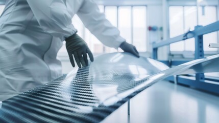 A laboratory scientist wearing protective gear, meticulously working with a carbon fiber material in a high-tech lab setting.