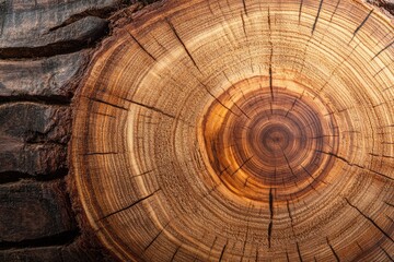Close-up of tree trunk cross-section. Ideal for rustic, natural, or organic themes, showcasing the beauty of wood grain and texture.