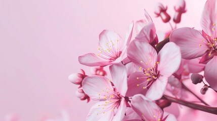 Obraz premium Close-up of beautiful pink cherry blossom flowers with delicate petals in full bloom against a soft, pastel pink background, evoking a sense of spring.