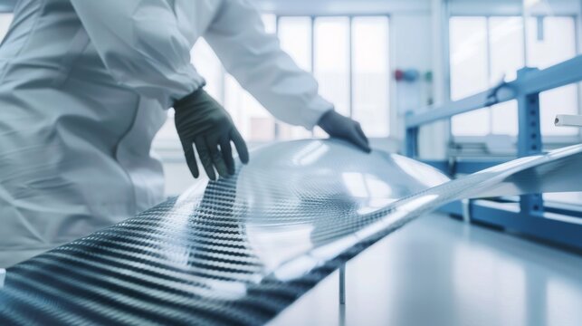A laboratory scientist wearing protective gear, meticulously working with a carbon fiber material in a high-tech lab setting.