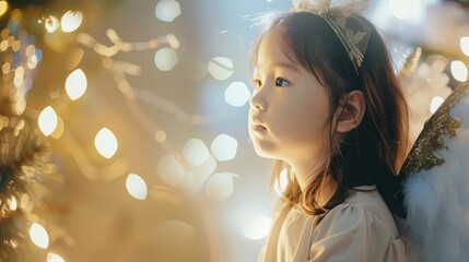 A young girl dressed as an angel, bathed in warm, festive lights, gazes ahead with innocent curiosity.