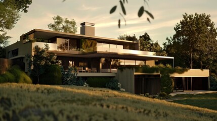 Fototapeta premium Modern house with large windows and a green roof, surrounded by trees.