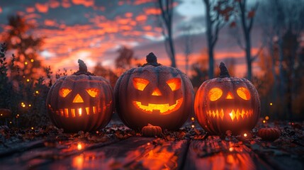Three Jack-o'-lanterns of varying sizes are sitting on a wooden surface at sunset