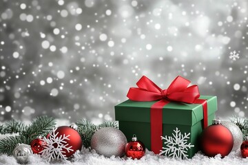 Green gift box with a red ribbon, surrounded by Christmas ornaments, pine branches, and snowflakes, set against a snowy bokeh background for a festive holiday scene