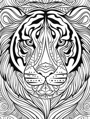 Fototapeta premium Tiger head in black and white with intricate patterns, forming a detailed mandala design and surrounded by floral elements