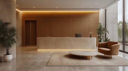 Fototapeta premium Modern office reception lobby features a minimalist desk, comfortable armchair, and warm wooden wall paneling under soft daytime lighting.
