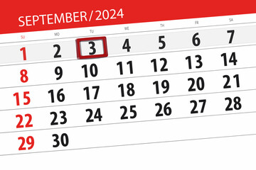 Fototapeta premium Calendar 2024, deadline, day, month, page, organizer, date, September, tuesday, number 3