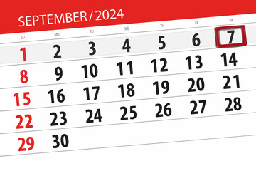 Fototapeta premium Calendar 2024, deadline, day, month, page, organizer, date, September, saturday, number 7
