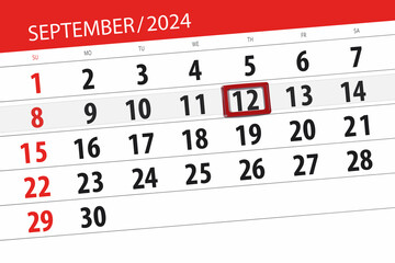 Fototapeta premium Calendar 2024, deadline, day, month, page, organizer, date, September, thursday, number 12