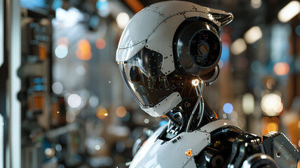 Cutting edge AI robot with sleek metallic surfaces and glowing cicuitry, standing against neon city. High tech helmet. Artificial robot head. 