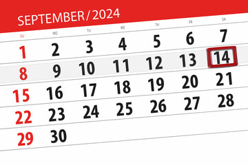 Fototapeta premium Calendar 2024, deadline, day, month, page, organizer, date, September, saturday, number 14