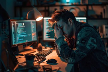 Fototapeta premium Frustrated Programmer Struggling with Code at Night