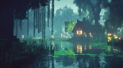 Fototapeta premium A serene nighttime landscape featuring a cozy house by a tranquil river surrounded by trees.