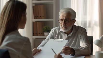 An elderly man with glasses intently listens to a woman holding a clipboard, set in a cozy office with bookshelves and soft lighting.