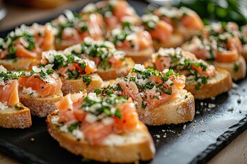 A close-up photo of salmon canapes. Perfect for food blogs, restaurants, and recipes.