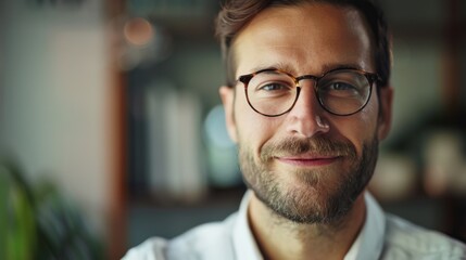 A close-up of a man with glasses and a slight smile exudes warmth and approachability, with a background hinting at a cozy and scholarly environment.